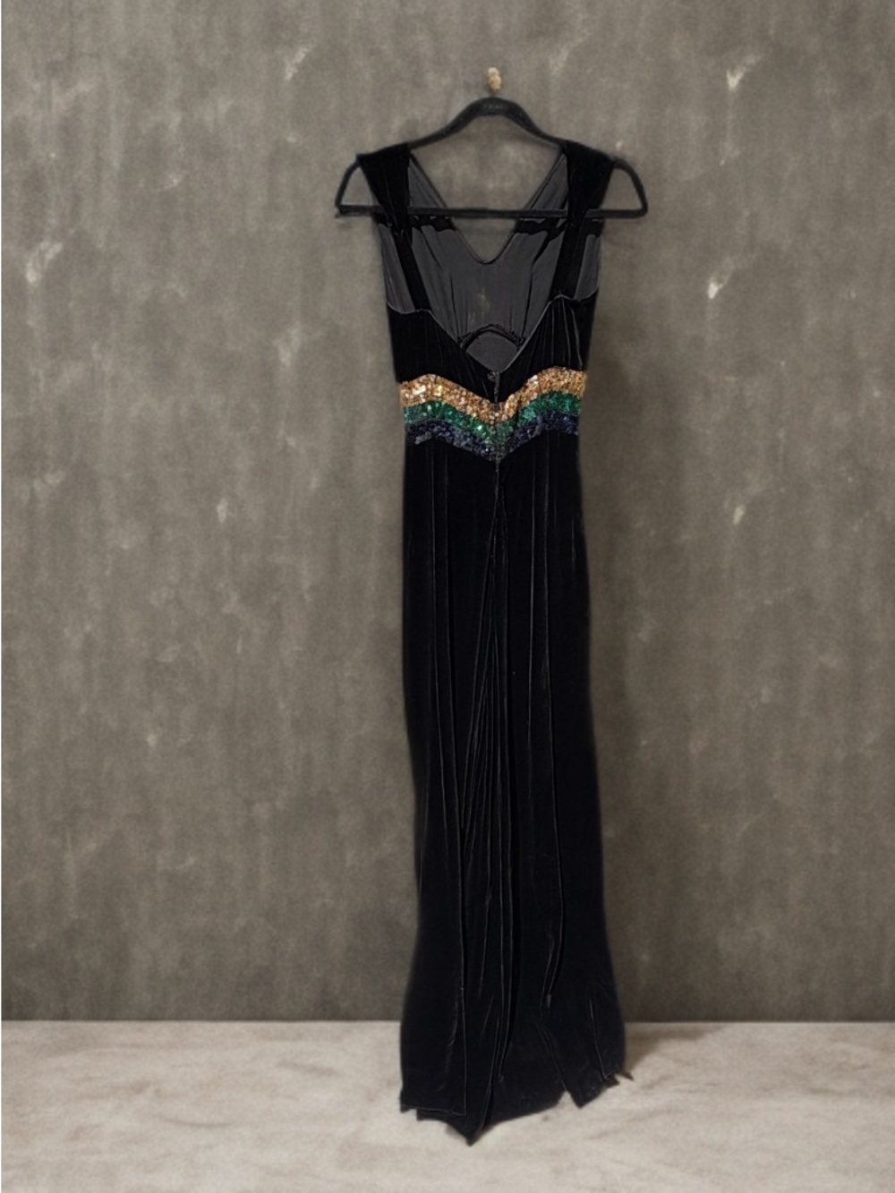 1930s Silk Velvet Art Deco Sequined Evening Gown